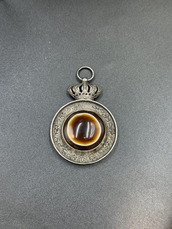 Old Victorian Solid Silver Agate Eye Bead Pendant… - image 5