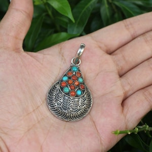 Beautiful Tibetan Silver Pendent With Natural Stone Turquoise,Coral Tibetan Symbolic Pendent