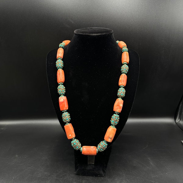 Most Beautiful Old Natural Coral Beads Necklace With Turquoise From Tibet tibetan jewelry Tibetan coral Tibetan style