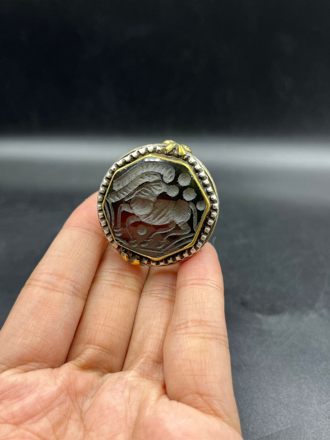 Old Indus Valley Ring Carved Ram Animal Figure on Agate Stone Handmade