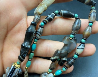 アンティークピューアゲートライオンビーズネックレス、チベットアイ