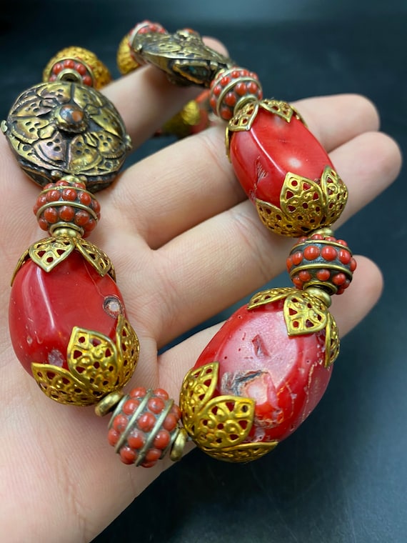 Beautiful Tibetan Coral Necklace & Gold Plated Br… - image 6