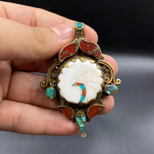 Beautiful Unique Tibetan Brass Pendant With Shell & Mix Natural Stone Turquoise,Coral, Inlayed Pendant Unisex Pendant
