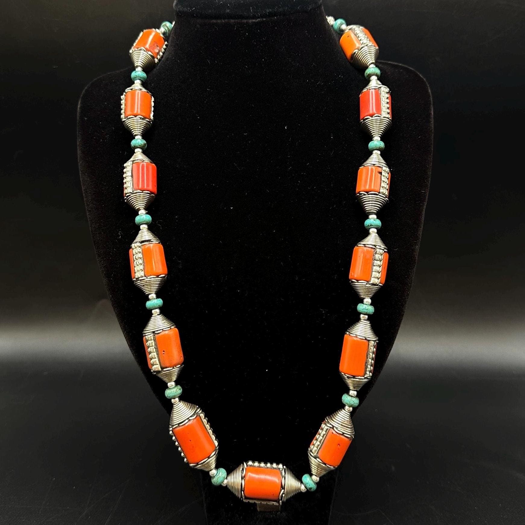 Collier Long Ethnique En Perles D'argent Sterling 925, Corail, Ambre Et Turquoise Naturelle - 18 Pouces, Neuf