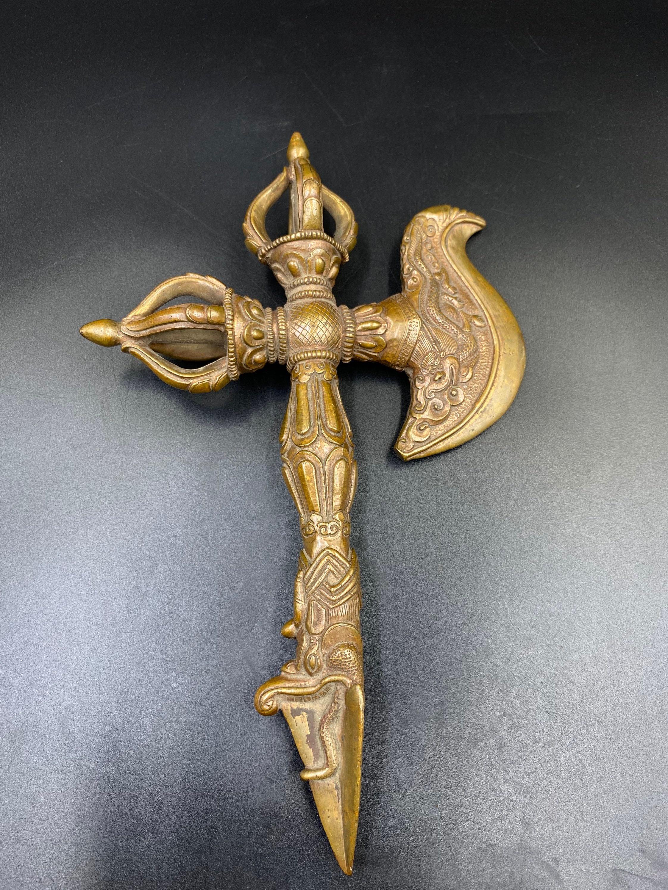 Old Ancient Tibetan Buddhist Double-vajra Dragon Kartika Knife Axe