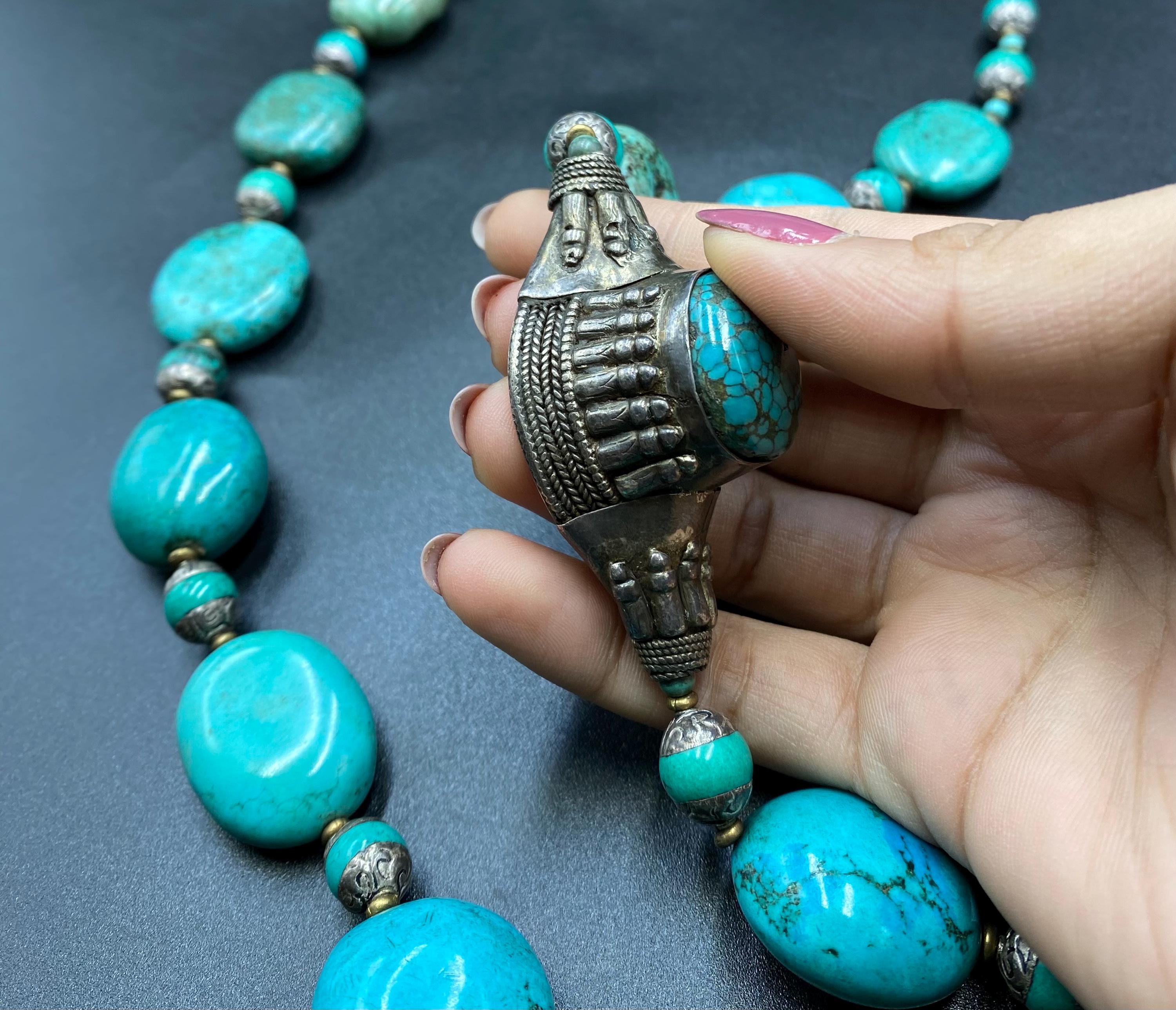 チベットシルバーターコイズペンダントネックレス、天然石ビーズ