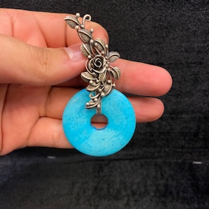 Beautiful Turquoise Donut Shape & Silver Pendant With Flowers Unisex Pendant, Handmade,Natural Turquoise