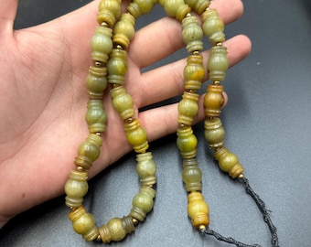 Very Old Natural Jade Prayer Mala Necklace From Afghanistan with brass gold plated beads very old ancient beads