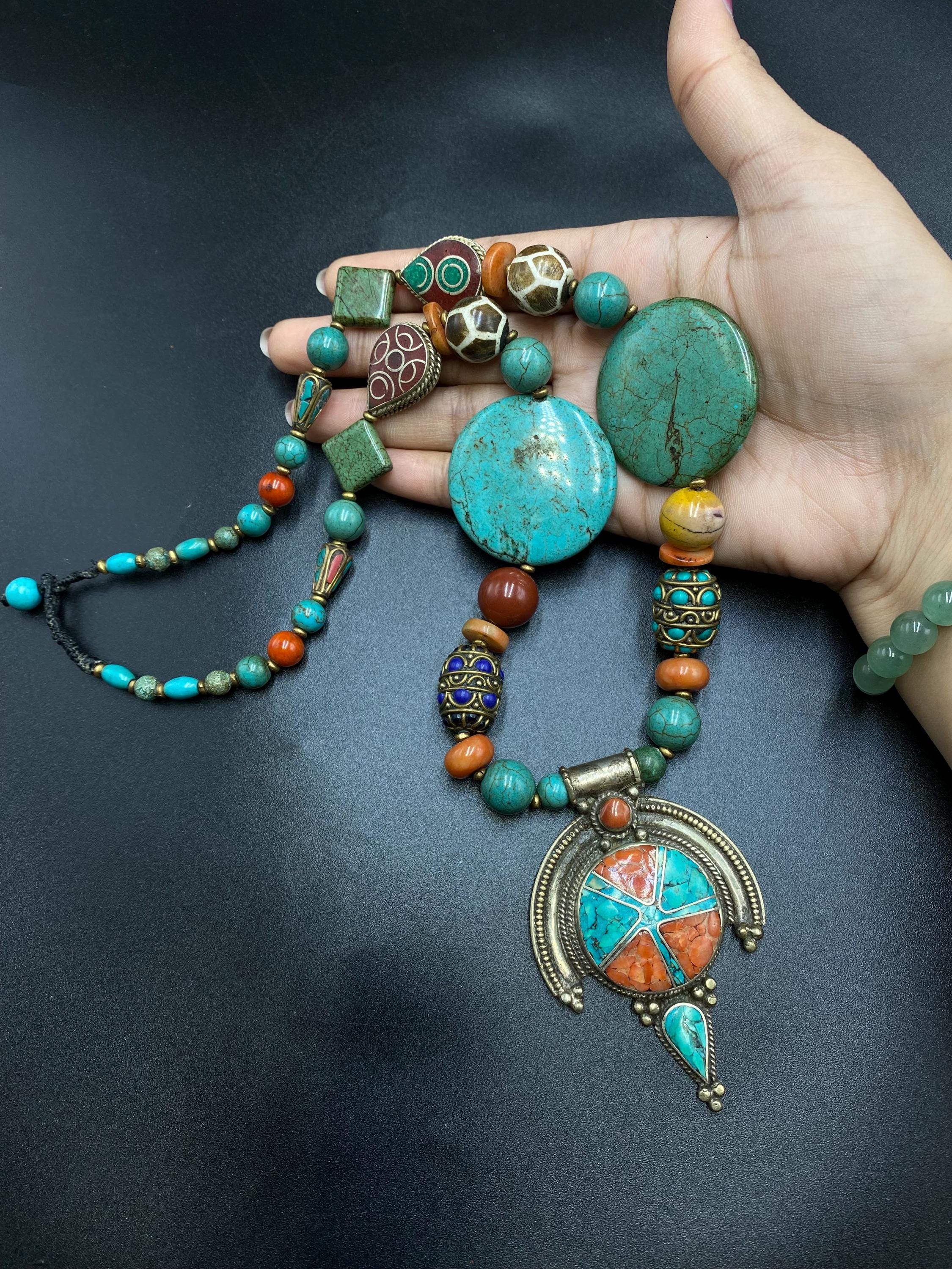 Tibetan Turquoise, Coral & Lapis Lazuli Necklace With White Metal 
