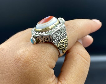 Handgjord afghansk silverring med agat Dzi-sten