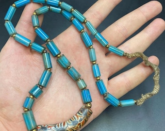Antique African Trade Bead Necklace, Light Blue Venetian Glass