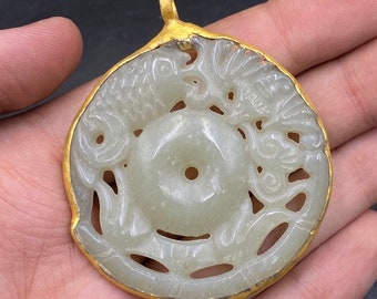 Gold Plated Jade Pendant: Fish and Lotus Design