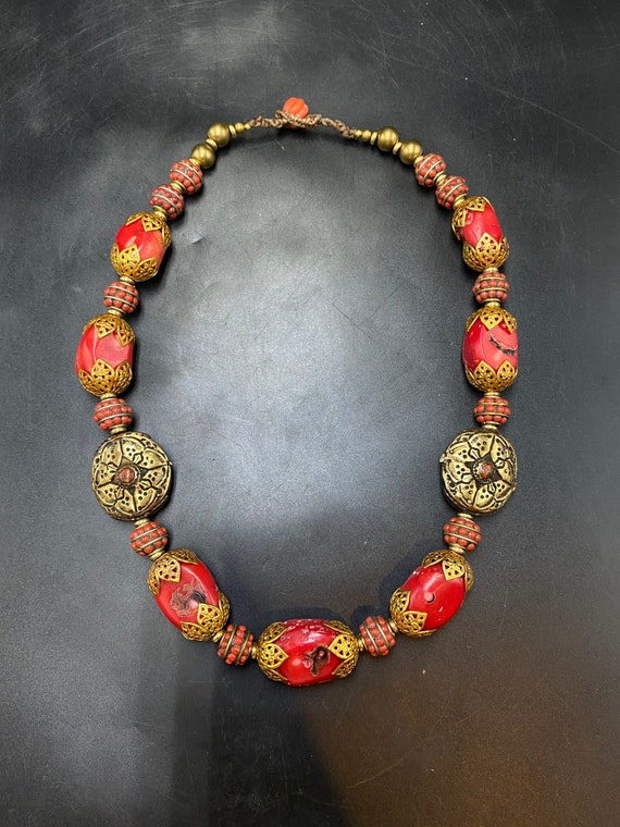 Beautiful Tibetan Coral Necklace & Gold Plated Br… - image 4