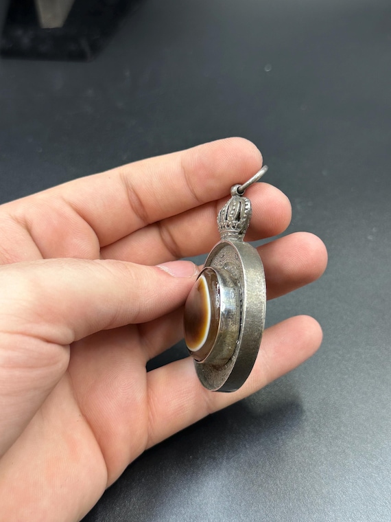 Old Victorian Solid Silver Agate Eye Bead Pendant… - image 4