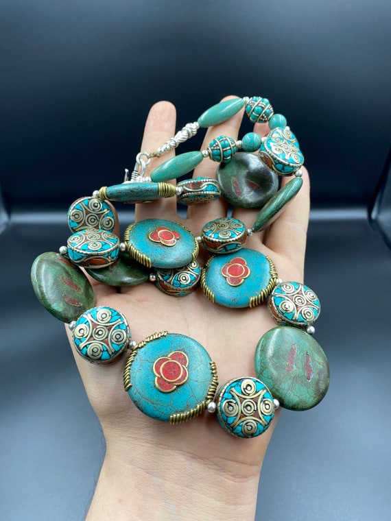 Beautiful Tibetan turquoise necklace with coral a… - image 3