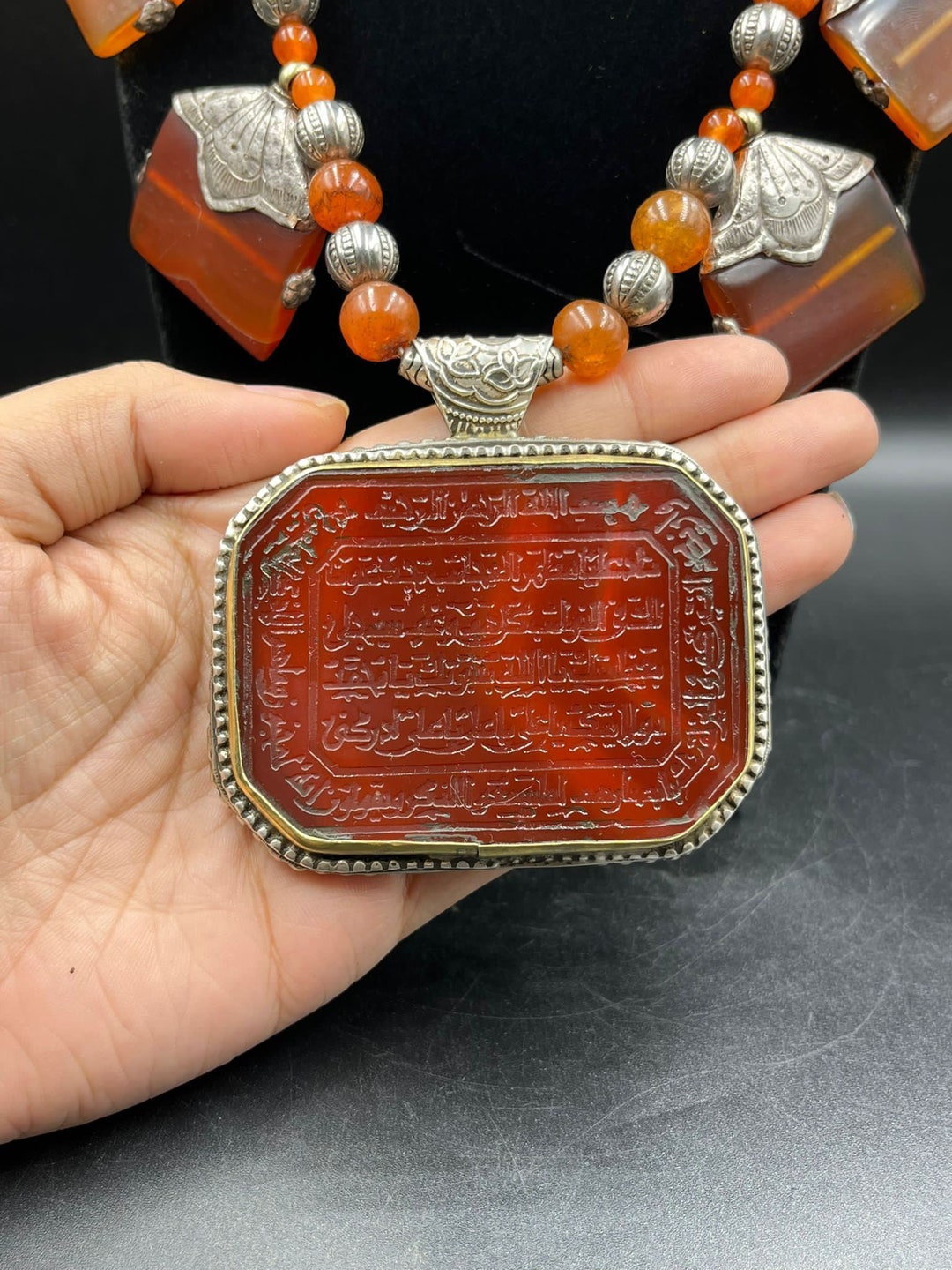 Islamic Red Carnelian & Silver Necklace With Quranic Verses