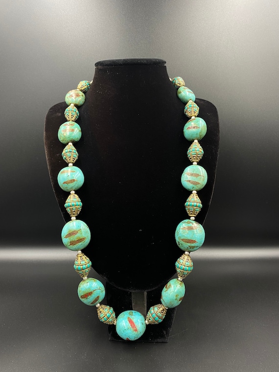 Beautiful Tibetan turquoise necklace with coral i… - image 1