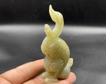 Vintage Chinese Green Jade Figurine With Wooden Base, 7 1/4