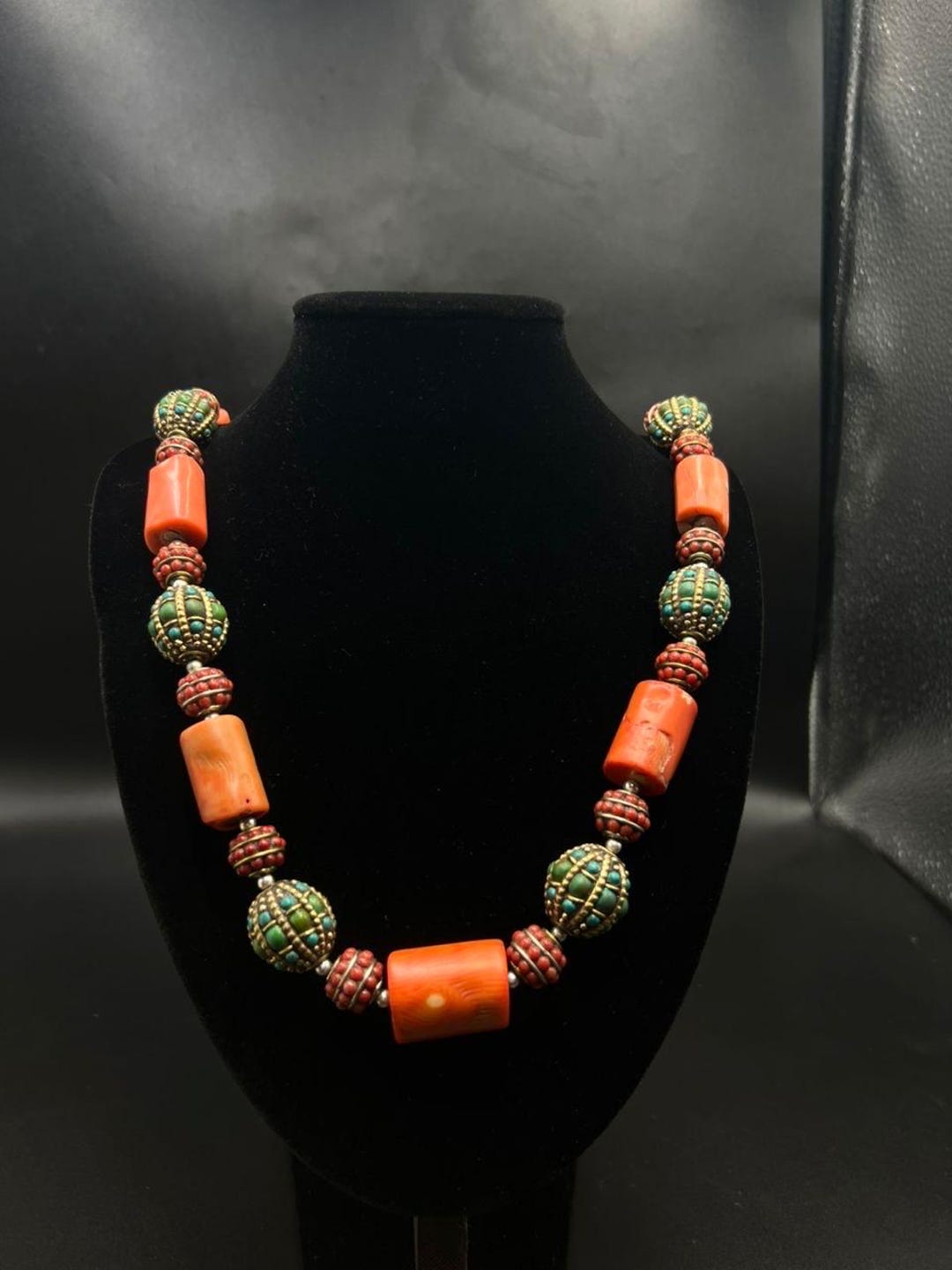 Old Tibetan Coral Necklace With Turquoise & Silver Inlay - Etsy