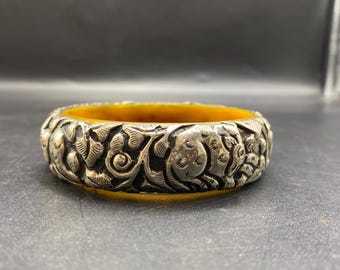 Vintage Tibetan Silver Bangle, Tribal Ethnic Bracelet, Resin Core