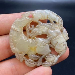 Ancient Old Mongolian Natural Jade Carved 2 Temple Lion On Top & Chinese Dragon Face In Middle Of Green Jade Decoration