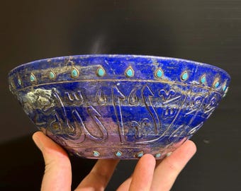 Afghani Lapis Lazuli Bowl, Islamic Writing, Turquoise Art Deco