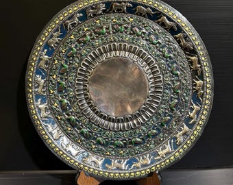 A old Large Fine Silver round plate enamal North India possibly Lucknow 18th-19th century extraordinary large hand carved solid silver