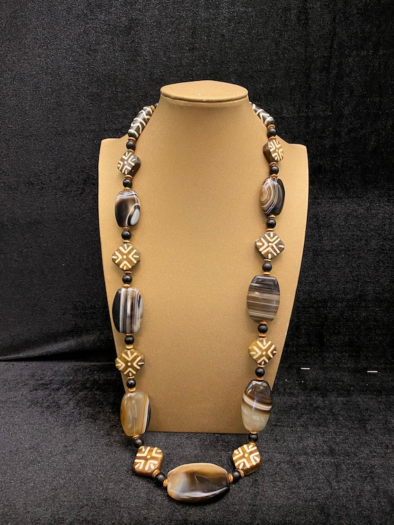 Pyu Agate Pumtek Necklace, Gold Plated Brass, Old… - image 1