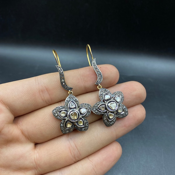 Ver Beautiful Rose Cut Diamond Slice Victorian Earrings with single cut diamonds set in Silver gold plated Rose Cut diamonds
