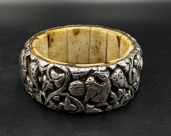 Vintage Tibetan Silver Bracelet, Tribal Animal Symbol Bangle