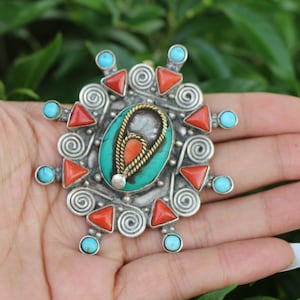 Fabulous Old Tibetan Handmade Silver Pendant With Multiple Natural Stone Turquoise,Coral