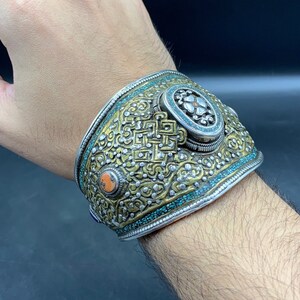 Tibetan Cuff Bracelet silver Bracelet With Multiple Natural Stones Inlayed Turquoise/Coral/Lapis, Handcrafted, Ethnic Jewelry
