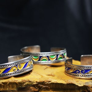Vintage Handmade Moroccan Silver Small Cuff Bracelets With Enamel Work On Top