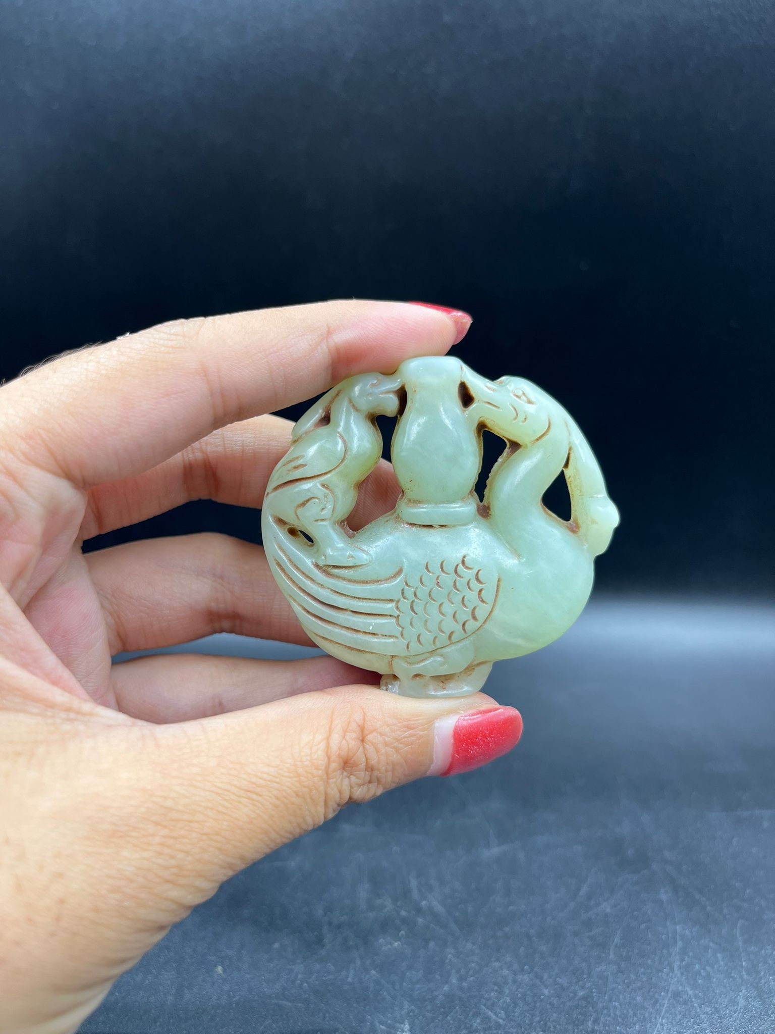 Old Mongolian Natural Jade Carved Phoenix on Each Side Decoration