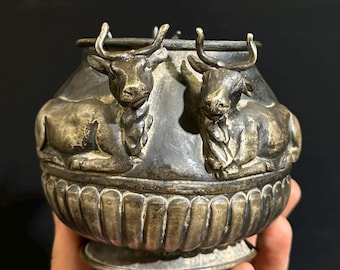 A Unique Old Handmade Indo Greek antique Decoration Silver Flowers Vase With Beautiful cow heads Work On The Sides