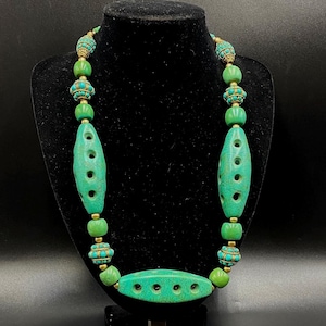 Tibetan unique shape Turquoise bead necklace with turquoise stone Tibetan brass beads  natural green turquoise natural  turquoise Tibetan
