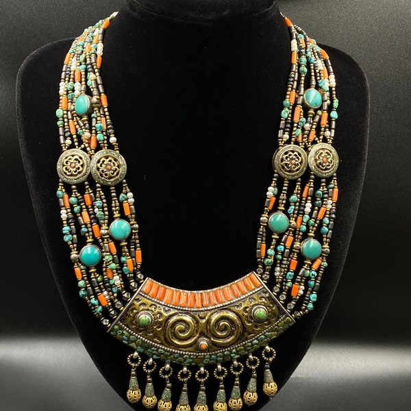 Very Unique Long Tibetan Multi Strand Silver Necklace With Natural Stones, Natural Red Coral,Tibetan Green Turquoise,