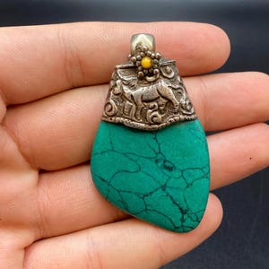Tibetan Beautiful unique Shape Turquoise & Silver Pendant, Handmade, Tibetan Jewelry