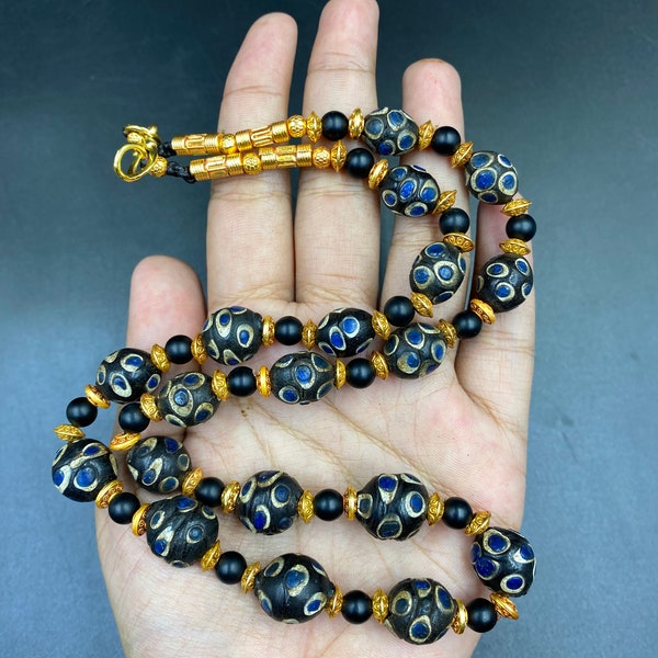 Beautiful Antique Venetian Gabri Beads Dark Blue eyes Murano Glass Beaded Necklace with brass gold plated