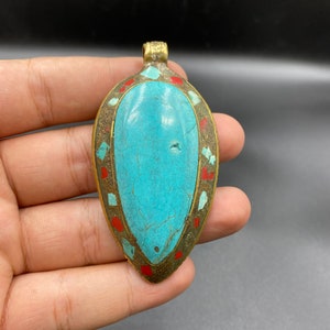 Beautiful Large Tibetan Brass With Turquoise & Coral Pendant