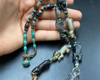 アンティークピューアゲートライオンビーズネックレス、チベットアイ