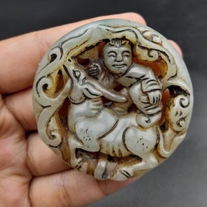 Ancient Old Mongolian Natural Jade Carved Chinese kid with a sheep In Middle Of Green Jade Decoration