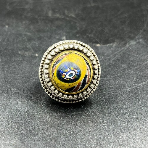 Beautiful Old Ancient Afghani Round Shape Yellow & Black Color Gabri Old Glass With Silver Gold shops Plated Handmade Ring,