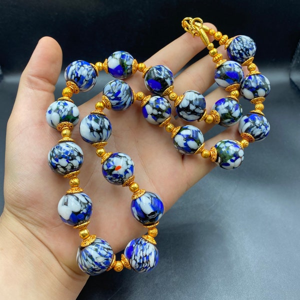Beautiful old African Round Millefiori Glass Beads Necklace Blue/Sky Blue/white Color with gold plated brass