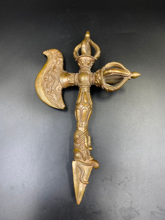 鎌倉時代鍍金柄香炉 伝統BuddhistRitual Implement Old Ancient Tibetan Buddhist Double-vajra Dragon Kartika Knife Axe