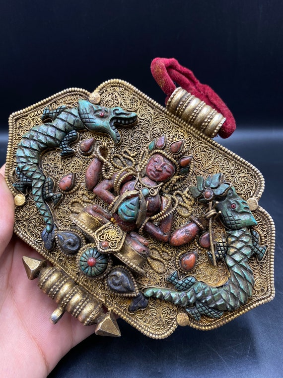 Rare!!! Tibetan brass  inlay turquoise and coral … - image 5