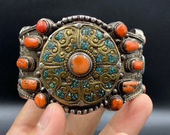 Tibetan Silver Bangle, Natural Coral & Turquoise, Ethnic Jewelry