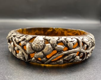 Vintage Tibetan Silver Bangle, Tribal Ethnic Bracelet, Resin Core