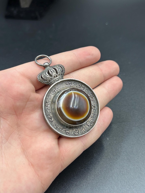 Old Victorian Solid Silver Agate Eye Bead Pendant… - image 2
