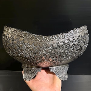 Beautiful Original Old Big Antique Fine Hand Crafted Flower fruit Vase basket  mughal solid silver 19th century India